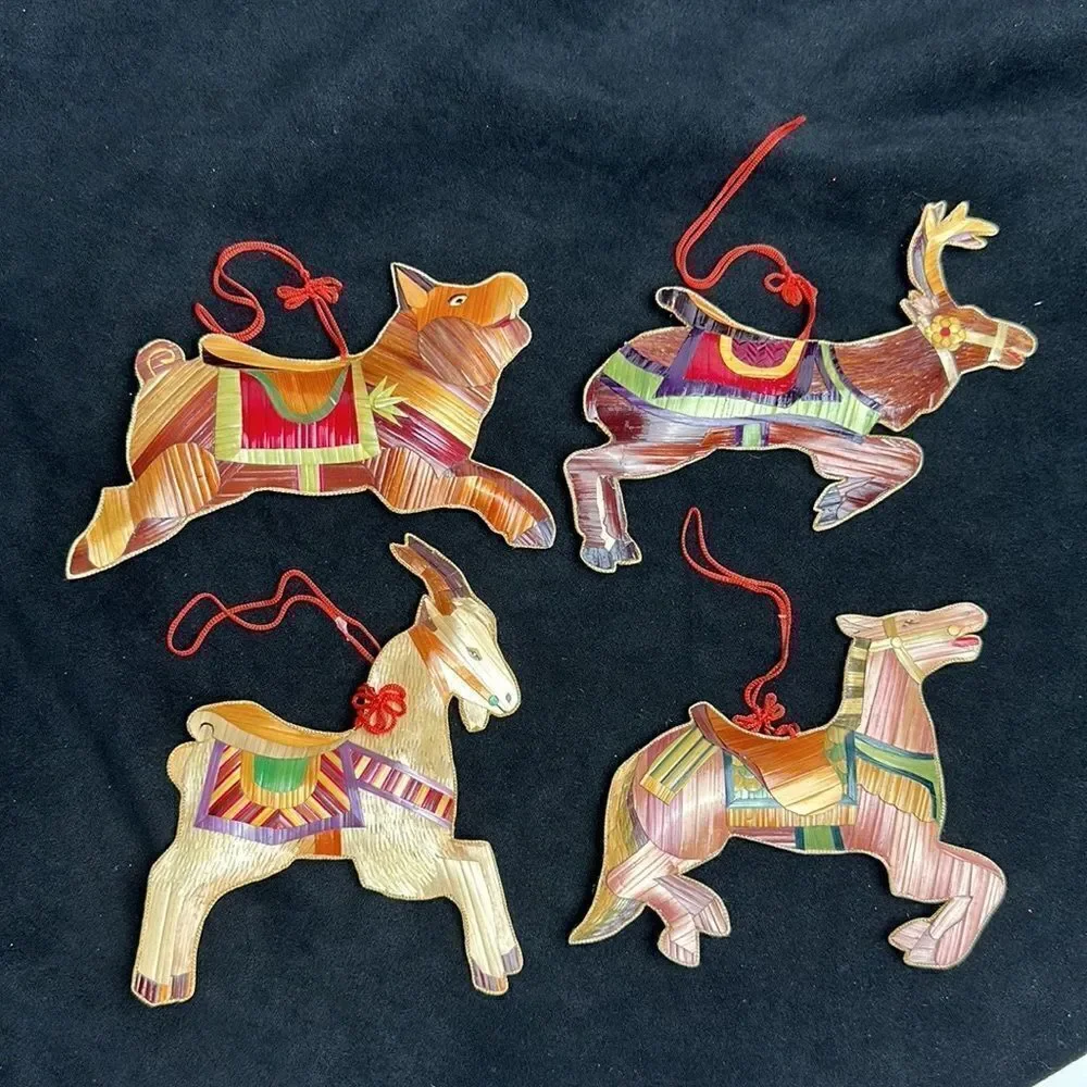 Vintage Christmas Ornaments Animals Set Of 4 Wood Strip Folk Art